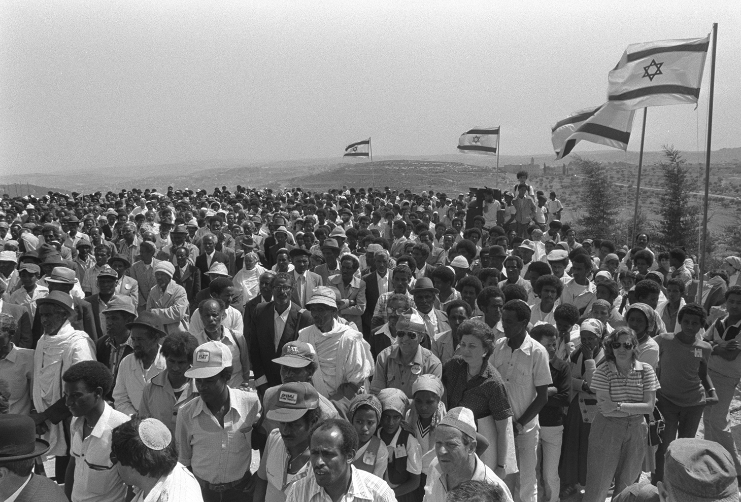 MEMBERS OF COMMUNITY OF ETHIOPIAN JEWS IN ISRAEL NEAR KIBBUTZ RAMAT RAHEL FOR TREE-PLANTING CEREMONY TO COMEMORATE BROTHERS WHO DIED ON JOURNEY TO THE PROMISED LAND. Photo: Nati Hernik, GPO